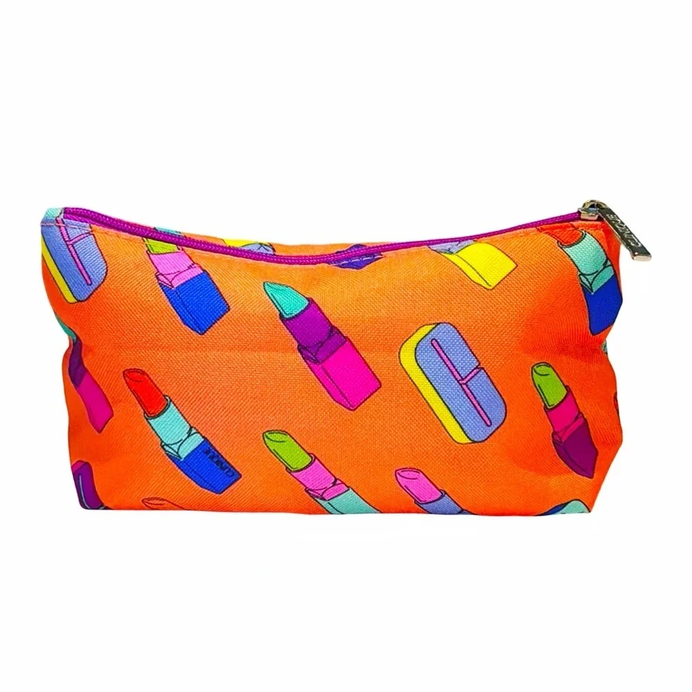 Clinique Lipstick Print Cosmetic Bag | Bright Orange Makeup Pouch Travel | NWOT
